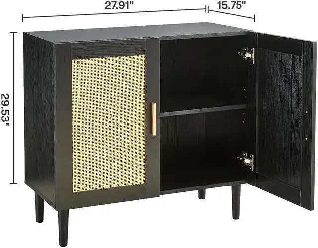 Alt view image 7 of 7 - Side panel buffet cabinet with natural rattan door, rattan storage cabinet with adjustable shelves, side panel and buffet with storage space, modern console cabinet in bedroom and living room