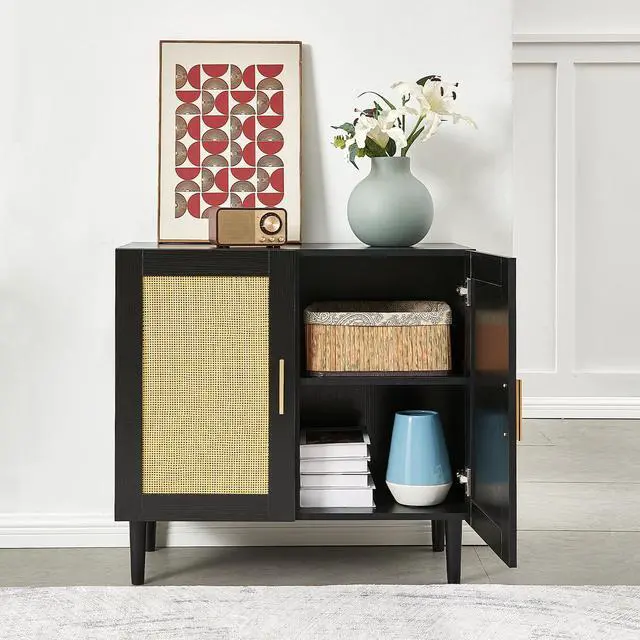 Alt view image 5 of 7 - Side panel buffet cabinet with natural rattan door, rattan storage cabinet with adjustable shelves, side panel and buffet with storage space, modern console cabinet in bedroom and living room