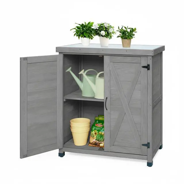 Alt view image 2 of 7 - Potting Bench with Storage Cabinet and Metal Table Top for Outdoor Patio,Outdoor Work Station Table