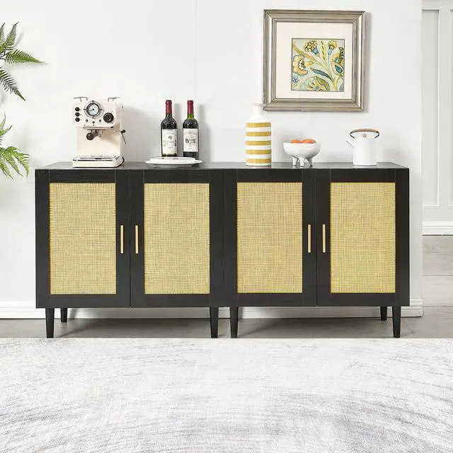 Alt view image 3 of 7 - Side panel buffet cabinet with natural rattan door, rattan storage cabinet with adjustable shelves, side panel and buffet with storage space, modern console cabinet in bedroom and living room