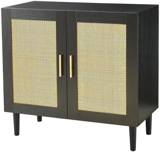 Alt view image 6 of 7 - Side panel buffet cabinet with natural rattan door, rattan storage cabinet with adjustable shelves, side panel and buffet with storage space, modern console cabinet in bedroom and living room