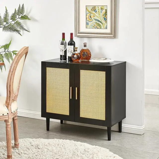 Alt view image 4 of 7 - Side panel buffet cabinet with natural rattan door, rattan storage cabinet with adjustable shelves, side panel and buffet with storage space, modern console cabinet in bedroom and living room