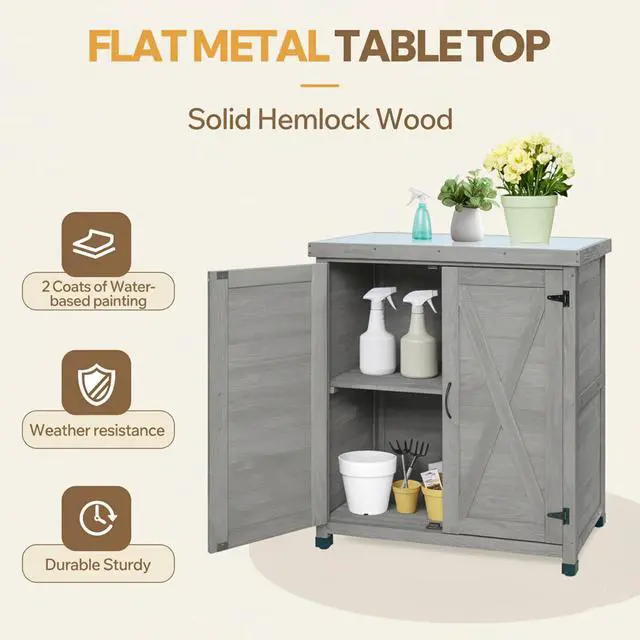Alt view image 7 of 7 - Potting Bench with Storage Cabinet and Metal Table Top for Outdoor Patio,Outdoor Work Station Table