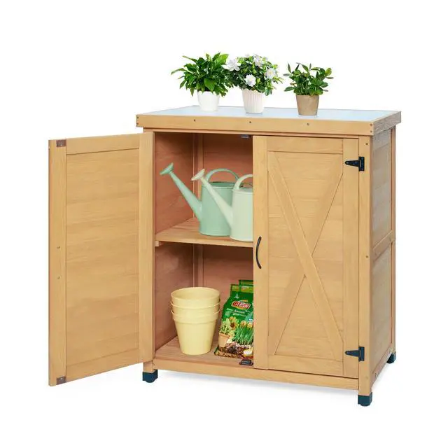 Alt view image 2 of 7 - Potting Bench with Storage Cabinet and Metal Table Top for Outdoor Patio,Outdoor Work Station Table