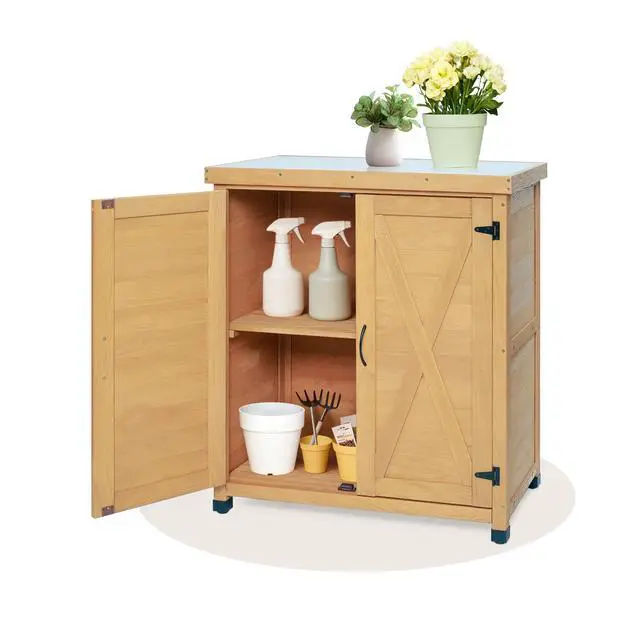 Alt view image 7 of 7 - Potting Bench with Storage Cabinet and Metal Table Top for Outdoor Patio,Outdoor Work Station Table