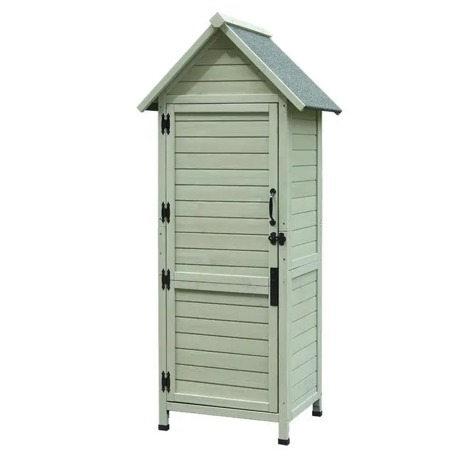 Alt view image 4 of 7 - Outdoor Wooden Storage Shed, Tall Narrow Garden Tool Cabinet with Lockable Door & 2 Shelves, Waterproof Asphalt Roof, Vertical Tool Organizer for Patio, Backyard, Lawn