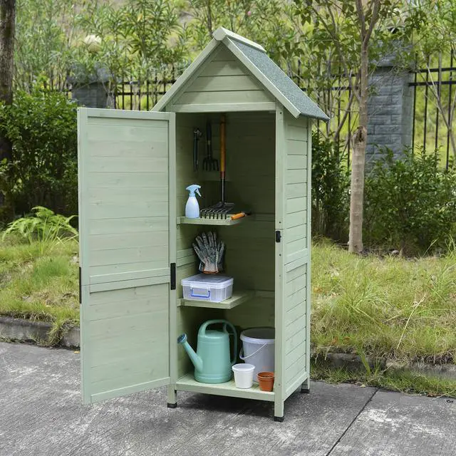Main image of Outdoor Wooden Storage Shed, Tall Narrow Garden Tool Cabinet with Lockable Door & 2 Shelves, Waterproof Asphalt Roof, Vertical Tool Organizer for Patio, Backyard, Lawn