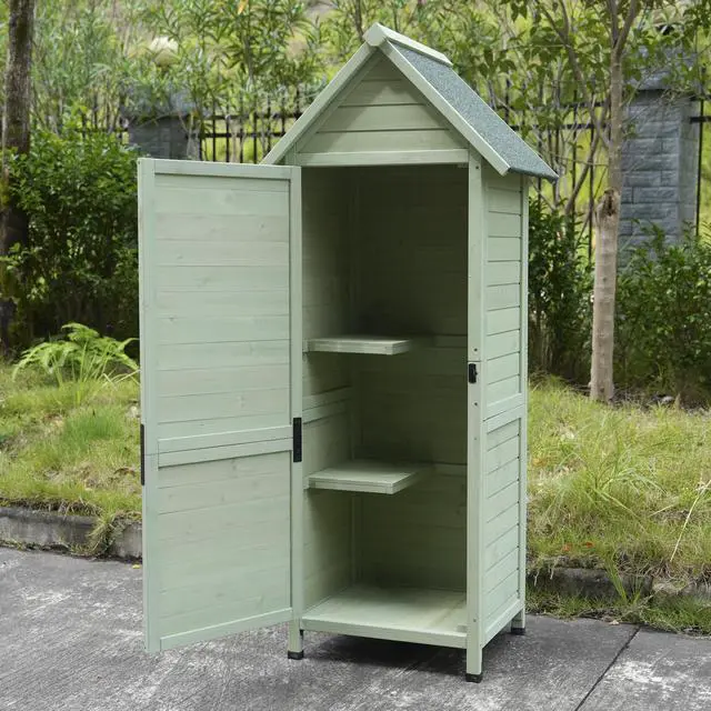 Alt view image 6 of 7 - Outdoor Wooden Storage Shed, Tall Narrow Garden Tool Cabinet with Lockable Door & 2 Shelves, Waterproof Asphalt Roof, Vertical Tool Organizer for Patio, Backyard, Lawn
