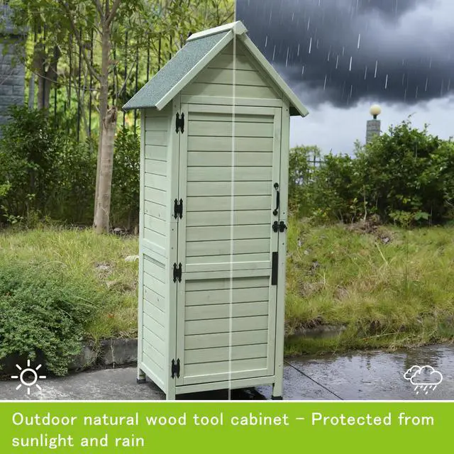 Alt view image 3 of 7 - Outdoor Wooden Storage Shed, Tall Narrow Garden Tool Cabinet with Lockable Door & 2 Shelves, Waterproof Asphalt Roof, Vertical Tool Organizer for Patio, Backyard, Lawn