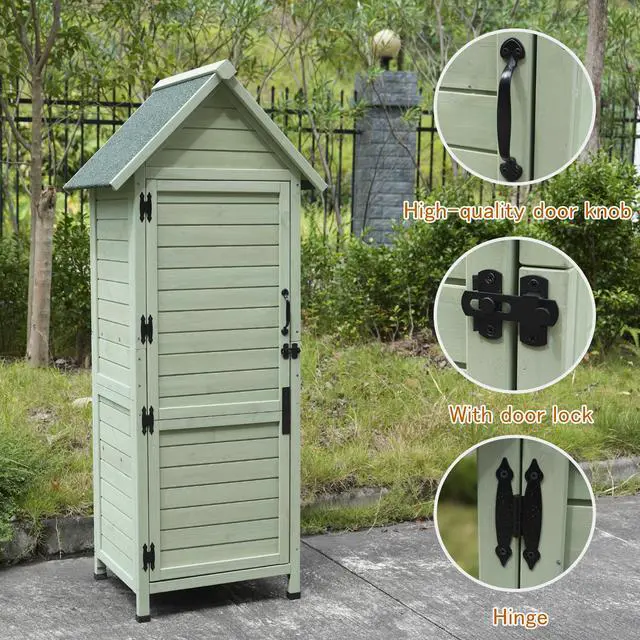 Alt view image 7 of 7 - Outdoor Wooden Storage Shed, Tall Narrow Garden Tool Cabinet with Lockable Door & 2 Shelves, Waterproof Asphalt Roof, Vertical Tool Organizer for Patio, Backyard, Lawn