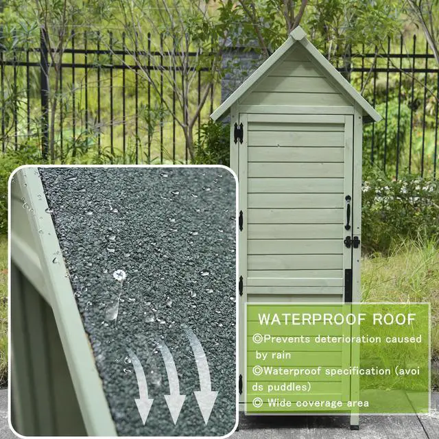 Alt view image 2 of 7 - Outdoor Wooden Storage Shed, Tall Narrow Garden Tool Cabinet with Lockable Door & 2 Shelves, Waterproof Asphalt Roof, Vertical Tool Organizer for Patio, Backyard, Lawn