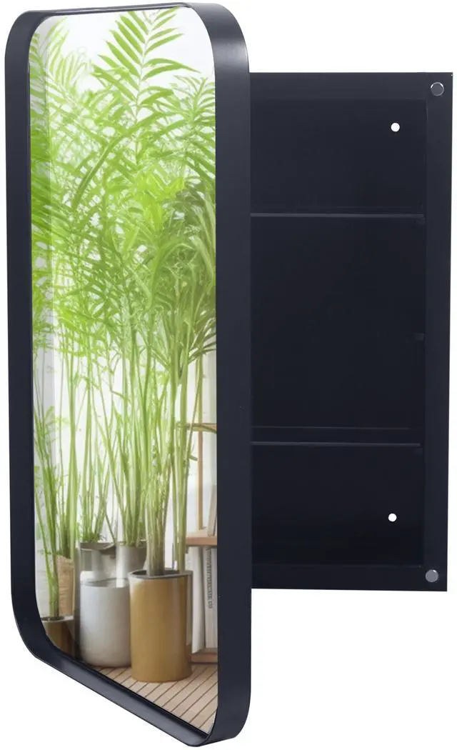 Main image of 16x24 Inch Recessed Black Metal Framed Medicine Cabinet with Mirror and Adjustable Shelves Black Wall Mirror with Storage for Bathroom