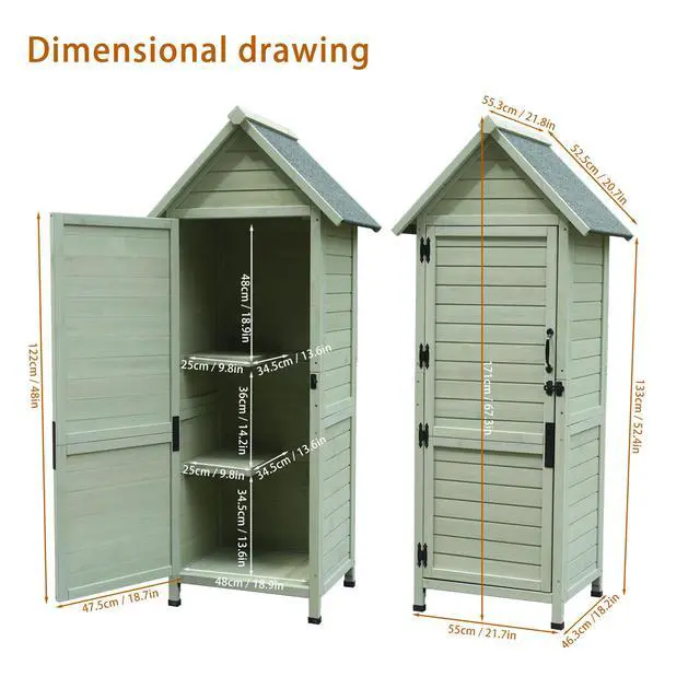 Alt view image 5 of 7 - Outdoor Wooden Storage Shed, Tall Narrow Garden Tool Cabinet with Lockable Door & 2 Shelves, Waterproof Asphalt Roof, Vertical Tool Organizer for Patio, Backyard, Lawn