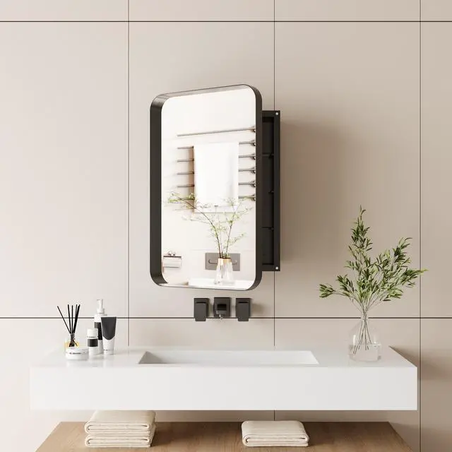 Alt view image 5 of 7 - 16x24 Inch Recessed Black Metal Framed Medicine Cabinet with Mirror and Adjustable Shelves Black Wall Mirror with Storage for Bathroom