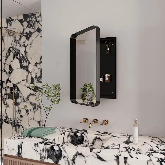 Alt view image 6 of 7 - 16x24 Inch Recessed Black Metal Framed Medicine Cabinet with Mirror and Adjustable Shelves Black Wall Mirror with Storage for Bathroom