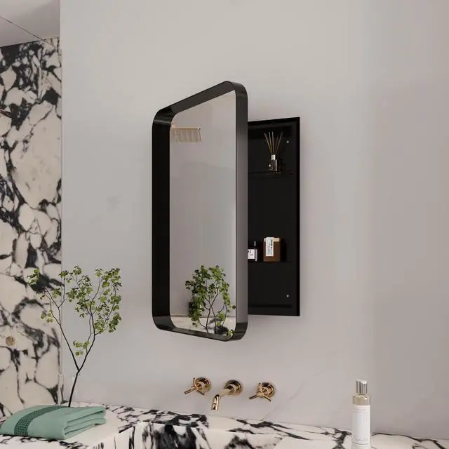 Alt view image 2 of 7 - 16x24 Inch Recessed Black Metal Framed Medicine Cabinet with Mirror and Adjustable Shelves Black Wall Mirror with Storage for Bathroom