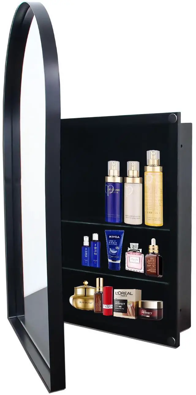 Main image of 24x36 Inch Arched Recessed Medicine Cabinet, Metal Framed Bathroom Wall Cabinet with Mirror and Adjustable Shelves, Wall Mirror with Storage for Bathroom, Matte Black