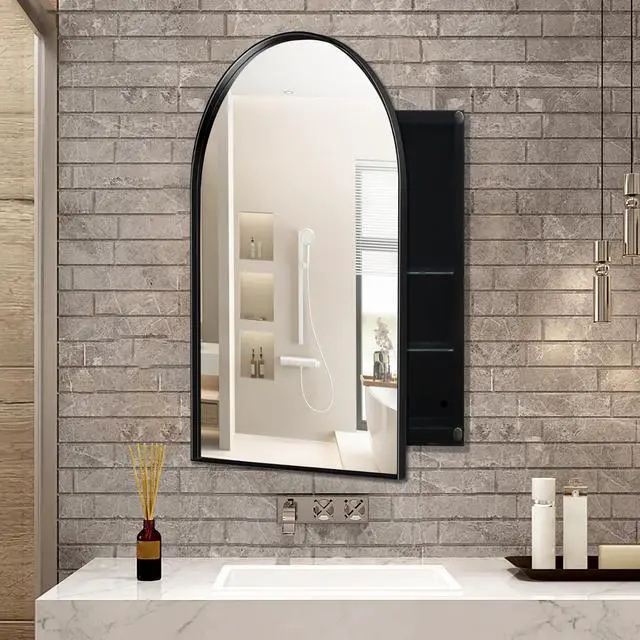 Alt view image 2 of 7 - 24x36 Inch Arched Recessed Medicine Cabinet, Metal Framed Bathroom Wall Cabinet with Mirror and Adjustable Shelves, Wall Mirror with Storage for Bathroom, Matte Black