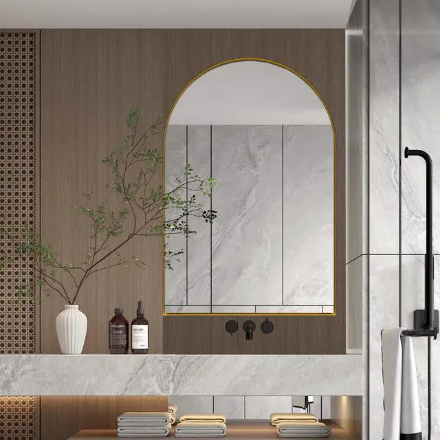 Alt view image 2 of 7 - 24x36 Inch Arched Recessed Medicine Cabinet, Metal Framed Bathroom Wall Cabinet with Mirror and Adjustable Shelves, Wall Mirror with Storage for Bathroom, Matte Gold