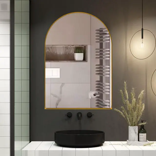 Alt view image 3 of 7 - 24x36 Inch Arched Recessed Medicine Cabinet, Metal Framed Bathroom Wall Cabinet with Mirror and Adjustable Shelves, Wall Mirror with Storage for Bathroom, Matte Gold