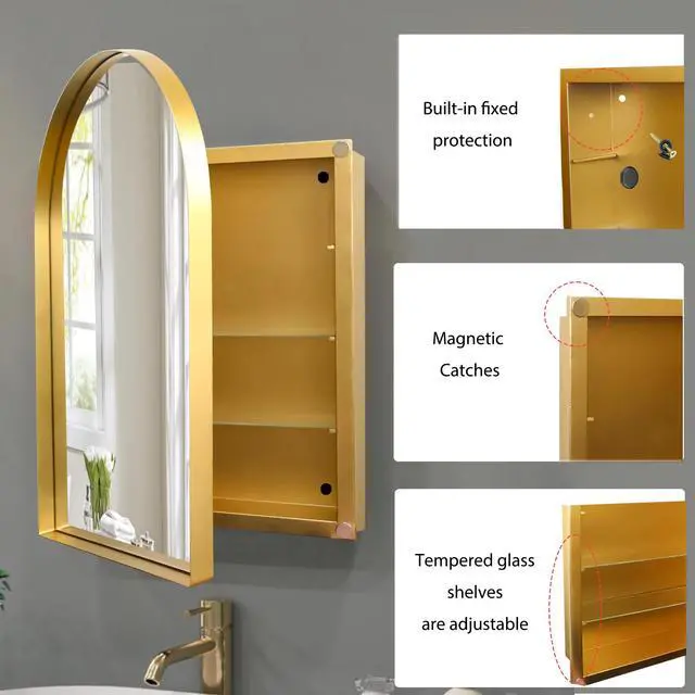 Alt view image 4 of 7 - 24x36 Inch Arched Recessed Medicine Cabinet, Metal Framed Bathroom Wall Cabinet with Mirror and Adjustable Shelves, Wall Mirror with Storage for Bathroom, Matte Gold