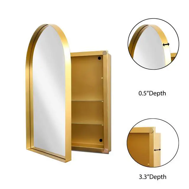 Alt view image 7 of 7 - 24x36 Inch Arched Recessed Medicine Cabinet, Metal Framed Bathroom Wall Cabinet with Mirror and Adjustable Shelves, Wall Mirror with Storage for Bathroom, Matte Gold