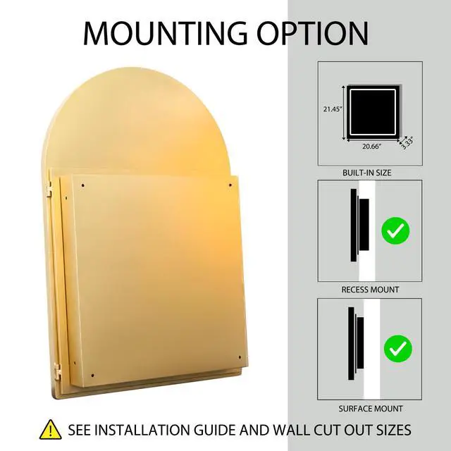 Alt view image 6 of 7 - 24x36 Inch Arched Recessed Medicine Cabinet, Metal Framed Bathroom Wall Cabinet with Mirror and Adjustable Shelves, Wall Mirror with Storage for Bathroom, Matte Gold