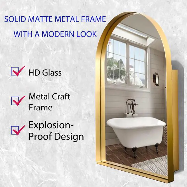 Alt view image 5 of 7 - 24x36 Inch Arched Recessed Medicine Cabinet, Metal Framed Bathroom Wall Cabinet with Mirror and Adjustable Shelves, Wall Mirror with Storage for Bathroom, Matte Gold