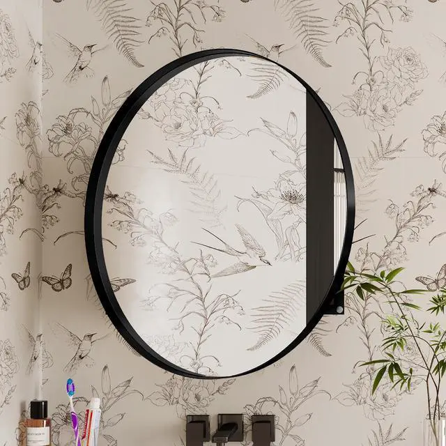 Alt view image 4 of 7 - 31.5 Inch Surface Mount Round Metal Framed Medicine Cabinet with Mirror and Adjustable Shelves Black Wall Mirror with Storage for Bathroom, Matte Black