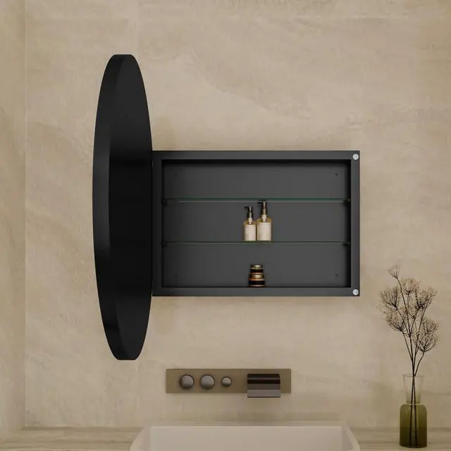 Alt view image 2 of 7 - 31.5 Inch Surface Mount Round Metal Framed Medicine Cabinet with Mirror and Adjustable Shelves Black Wall Mirror with Storage for Bathroom, Matte Black