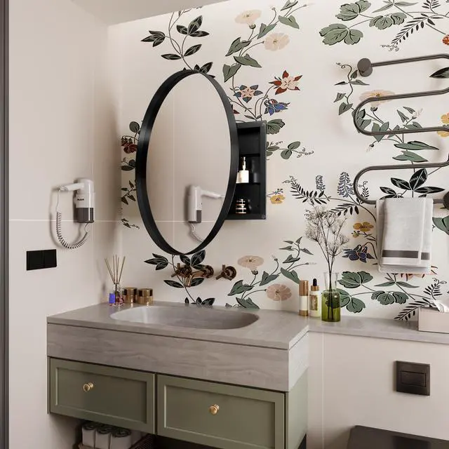 Alt view image 6 of 7 - 31.5 Inch Surface Mount Round Metal Framed Medicine Cabinet with Mirror and Adjustable Shelves Black Wall Mirror with Storage for Bathroom, Matte Black