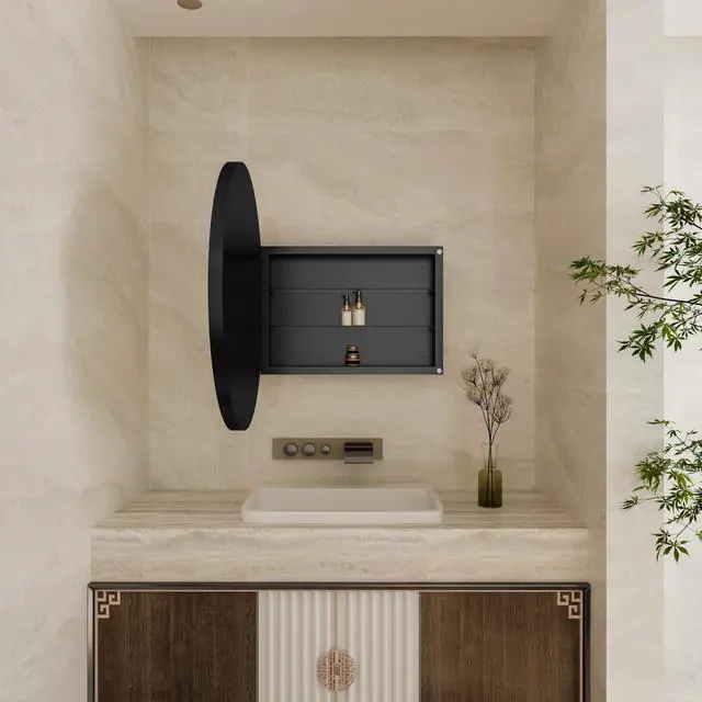 Alt view image 3 of 7 - 31.5 Inch Surface Mount Round Metal Framed Medicine Cabinet with Mirror and Adjustable Shelves Black Wall Mirror with Storage for Bathroom, Matte Black