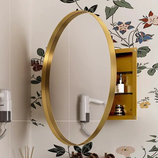 Main image of 31.5 Inch Surface Mount Round Metal Framed Medicine Cabinet with Mirror and Adjustable Shelves Black Wall Mirror with Storage for Bathroom, Matte Gold