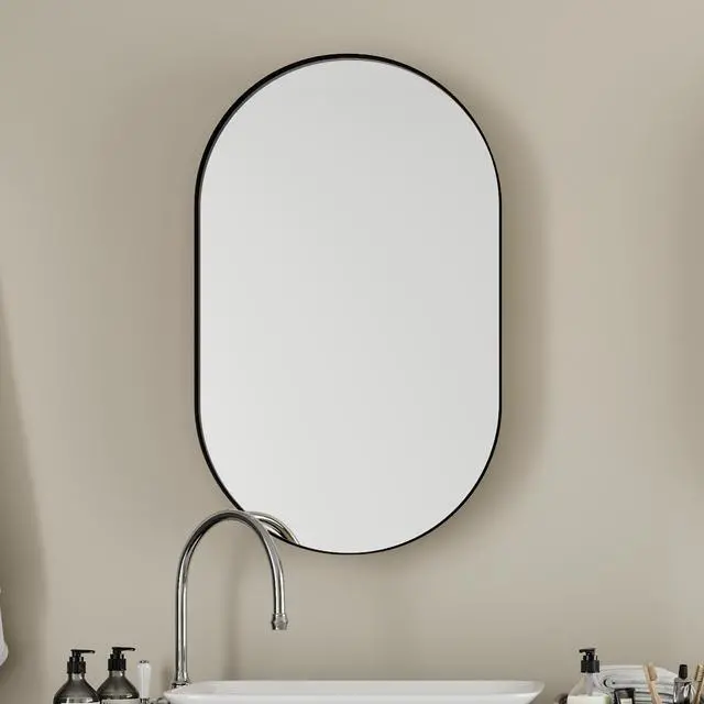 Alt view image 2 of 7 - 20x34 Inch Oval Recessed Medicine Cabinet, Metal Framed Bathroom Wall Cabinet with Mirror and Adjustable Shelves, Wall Mirror with Storage for Bathroom, Matte Black