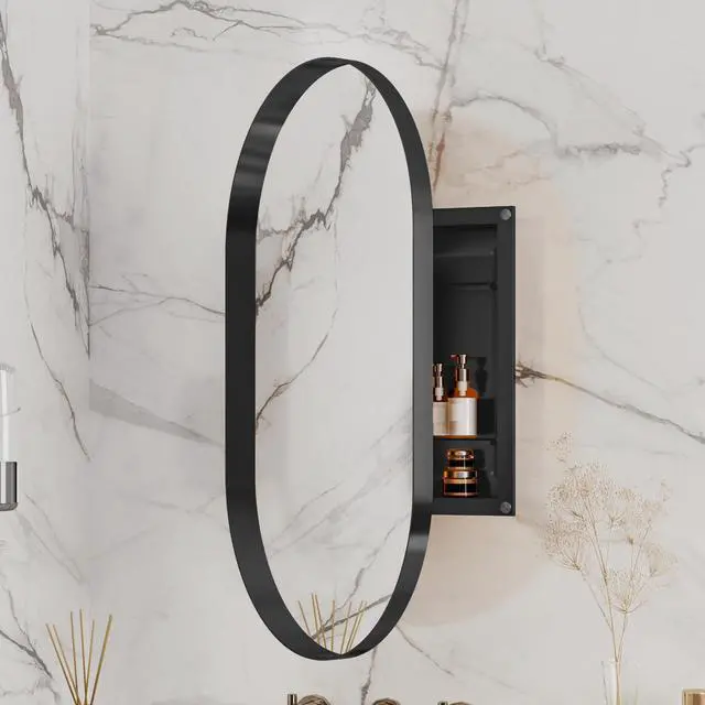 Main image of 20x34 Inch Oval Recessed Medicine Cabinet, Metal Framed Bathroom Wall Cabinet with Mirror and Adjustable Shelves, Wall Mirror with Storage for Bathroom, Matte Black