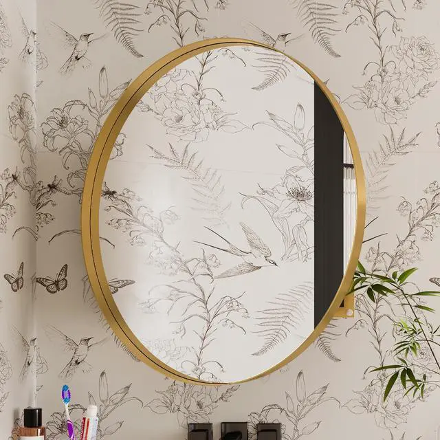 Alt view image 4 of 7 - 31.5 Inch Surface Mount Round Metal Framed Medicine Cabinet with Mirror and Adjustable Shelves Black Wall Mirror with Storage for Bathroom, Matte Gold