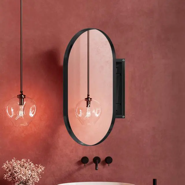 Alt view image 4 of 7 - 20x34 Inch Oval Recessed Medicine Cabinet, Metal Framed Bathroom Wall Cabinet with Mirror and Adjustable Shelves, Wall Mirror with Storage for Bathroom, Matte Black