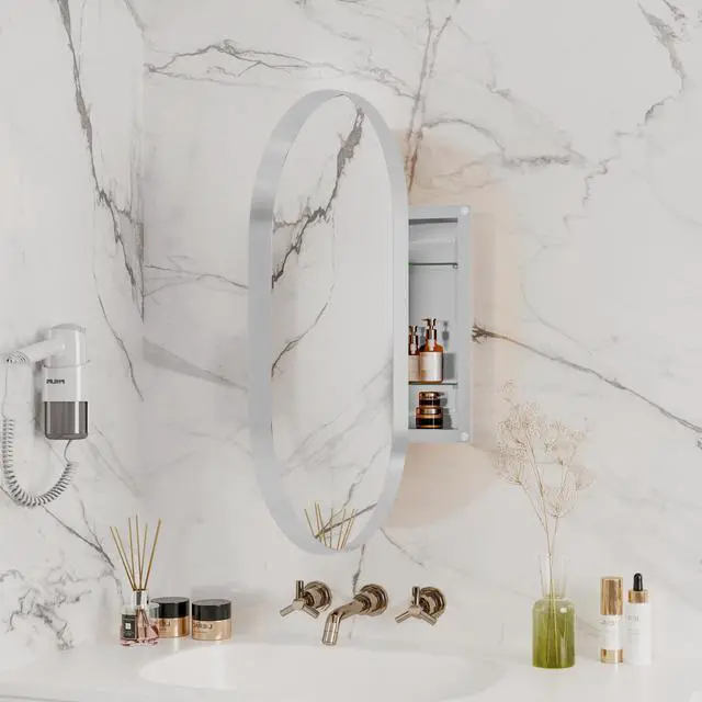 Alt view image 4 of 7 - 20x34 Inch Oval Recessed Medicine Cabinet, Metal Framed Bathroom Wall Cabinet with Mirror and Adjustable Shelves, Wall Mirror with Storage for Bathroom, White