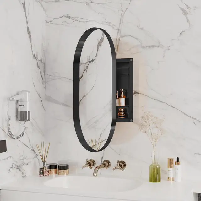 Alt view image 3 of 7 - 20x34 Inch Oval Recessed Medicine Cabinet, Metal Framed Bathroom Wall Cabinet with Mirror and Adjustable Shelves, Wall Mirror with Storage for Bathroom, Matte Black