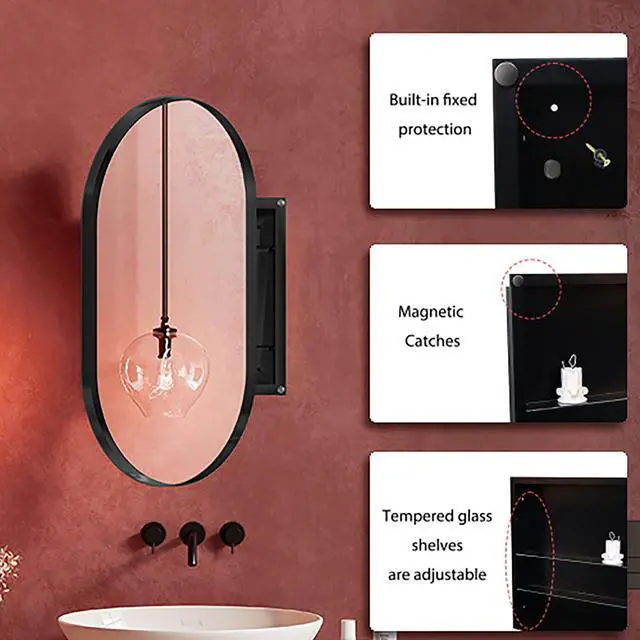 Alt view image 7 of 7 - 20x34 Inch Oval Recessed Medicine Cabinet, Metal Framed Bathroom Wall Cabinet with Mirror and Adjustable Shelves, Wall Mirror with Storage for Bathroom, Matte Black