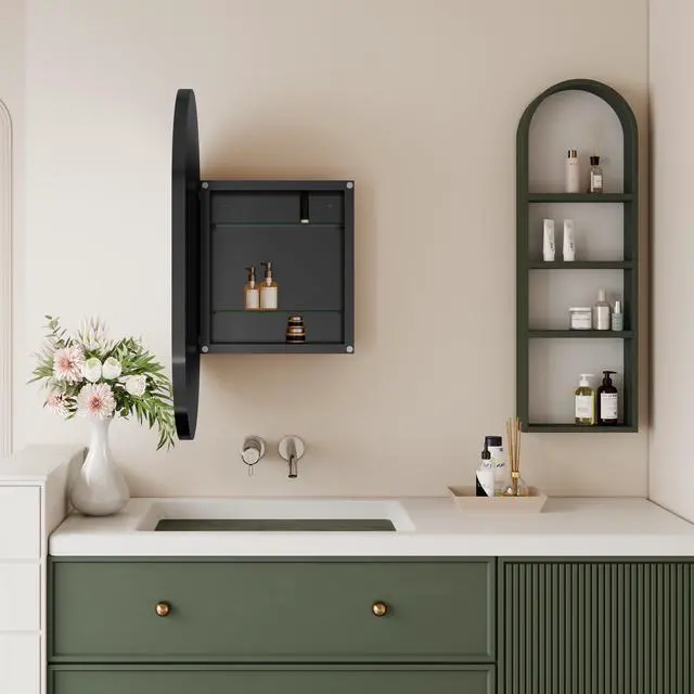 Alt view image 6 of 7 - 20x34 Inch Oval Recessed Medicine Cabinet, Metal Framed Bathroom Wall Cabinet with Mirror and Adjustable Shelves, Wall Mirror with Storage for Bathroom, Matte Black