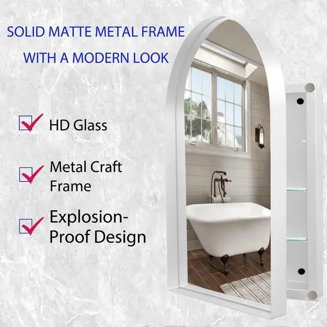 Alt view image 5 of 7 - 24x36 Inch Arched Recessed Medicine Cabinet, Metal Framed Bathroom Wall Cabinet with Mirror and Adjustable Shelves, Wall Mirror with Storage for Bathroom, White