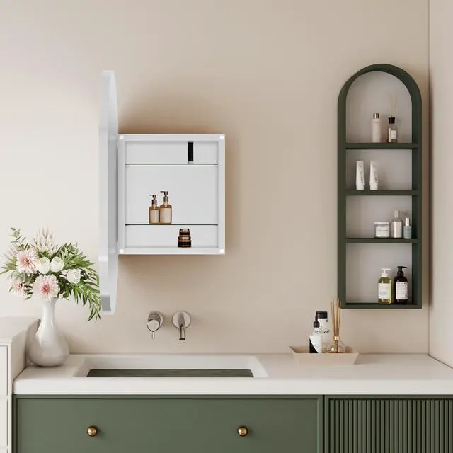 Alt view image 6 of 7 - 20x34 Inch Oval Recessed Medicine Cabinet, Metal Framed Bathroom Wall Cabinet with Mirror and Adjustable Shelves, Wall Mirror with Storage for Bathroom, White