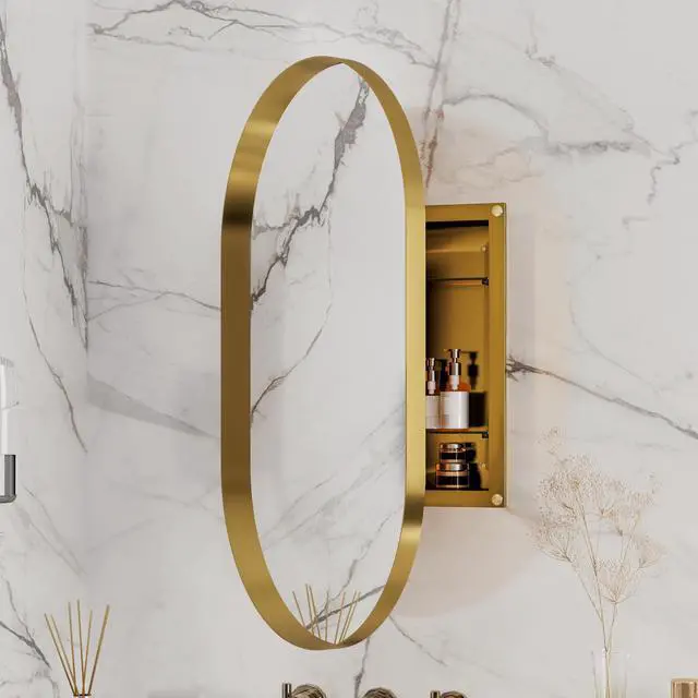 Main image of 20x34 Inch Oval Recessed Medicine Cabinet, Metal Framed Bathroom Wall Cabinet with Mirror and Adjustable Shelves, Wall Mirror with Storage for Bathroom, Matte Gold