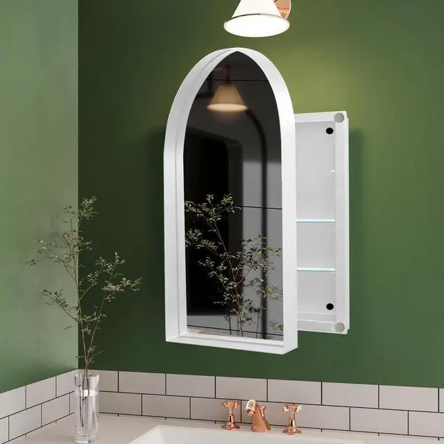 Main image of 24x36 Inch Arched Recessed Medicine Cabinet, Metal Framed Bathroom Wall Cabinet with Mirror and Adjustable Shelves, Wall Mirror with Storage for Bathroom, White