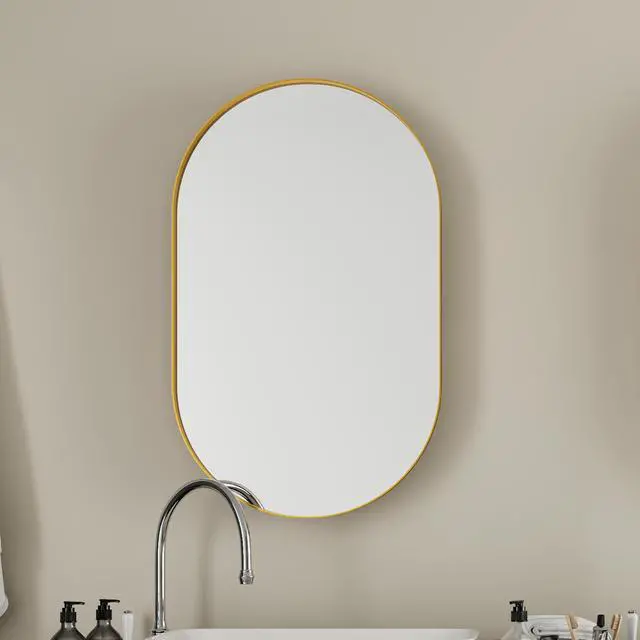 Alt view image 2 of 7 - 20x34 Inch Oval Recessed Medicine Cabinet, Metal Framed Bathroom Wall Cabinet with Mirror and Adjustable Shelves, Wall Mirror with Storage for Bathroom, Matte Gold