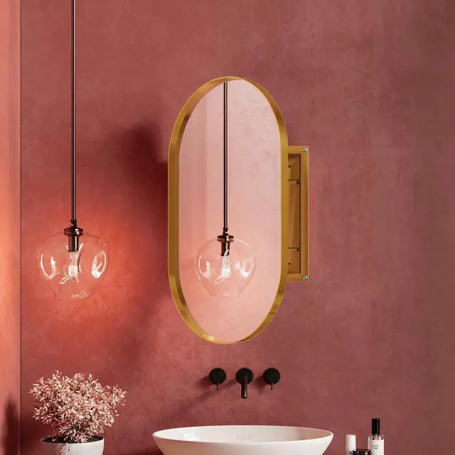 Alt view image 4 of 7 - 20x34 Inch Oval Recessed Medicine Cabinet, Metal Framed Bathroom Wall Cabinet with Mirror and Adjustable Shelves, Wall Mirror with Storage for Bathroom, Matte Gold