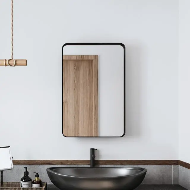 Alt view image 3 of 7 - 20x30 Inch Recessed Black Metal Framed Medicine Cabinet with Mirror and Adjustable Shelves Black Wall Mirror with Storage for Bathroom