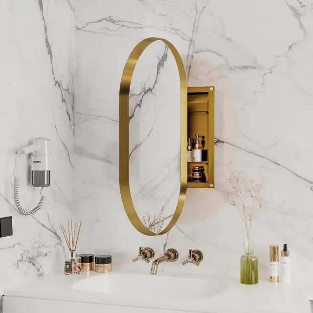 Alt view image 3 of 7 - 20x34 Inch Oval Recessed Medicine Cabinet, Metal Framed Bathroom Wall Cabinet with Mirror and Adjustable Shelves, Wall Mirror with Storage for Bathroom, Matte Gold