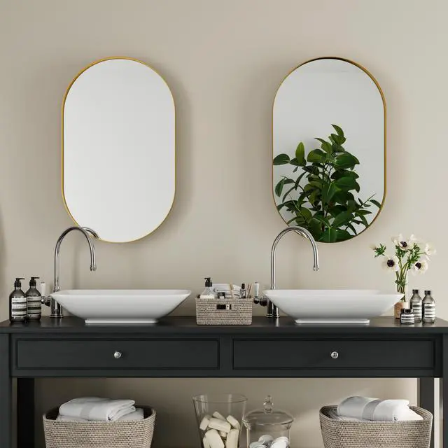 Alt view image 5 of 7 - 20x34 Inch Oval Recessed Medicine Cabinet, Metal Framed Bathroom Wall Cabinet with Mirror and Adjustable Shelves, Wall Mirror with Storage for Bathroom, Matte Gold